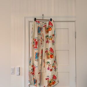 Cream Tropical Print Wide-Leg Pants M